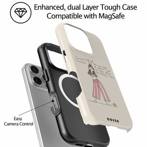 Phone case with illustration and text, compatible with MagSafe, on a white background
