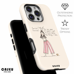 Phone case with a design of a person and text, featuring the CASEU brand.