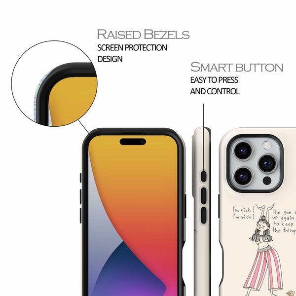 Phone case with raised bezels, screen protection design, and smart button features.