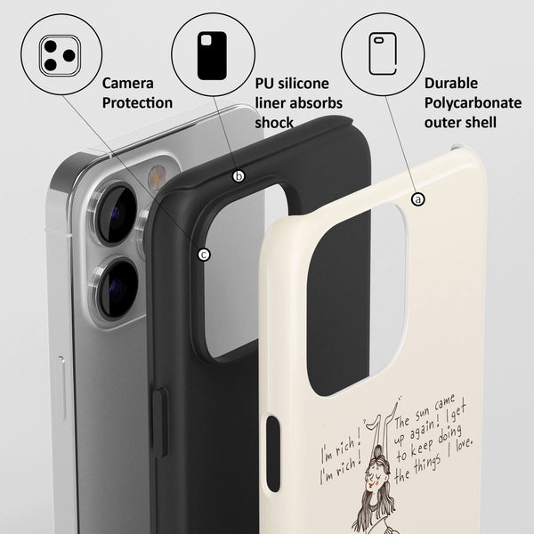 Phone case with features highlighted on a white background