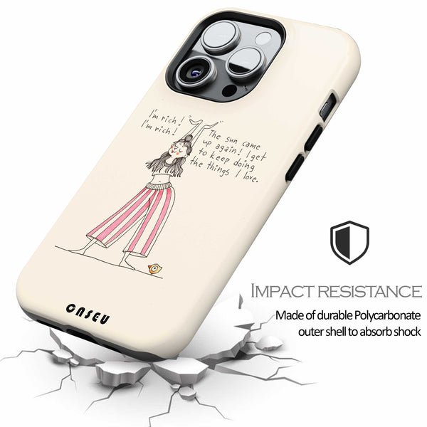 Phone case with a design of a person and text, featuring the brand 'CASEU', on a white background.
