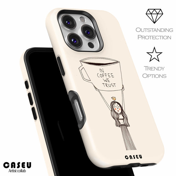 Phone case with a design of a girl holding a 'In Coffee We Trust' balloon, brand 'CASEU' visible