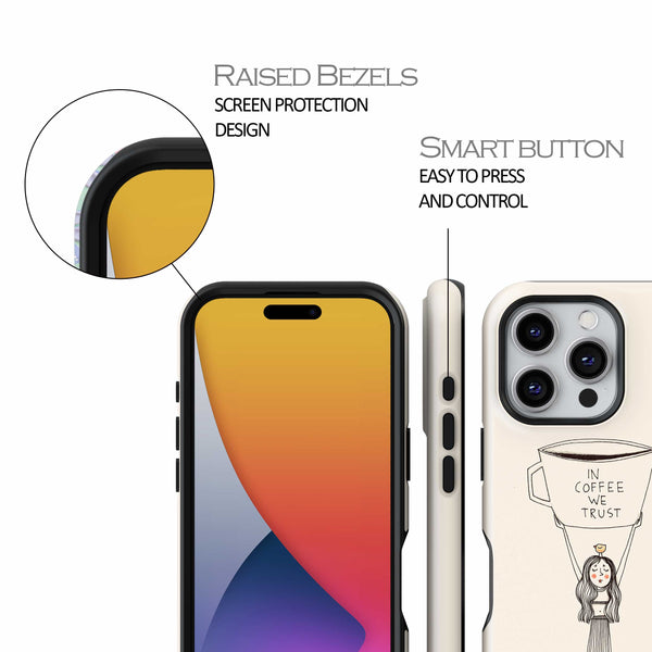 Phone case with raised bezels and screen protection design, featuring a colorful gradient and a 'Coffee We Trust' illustration.