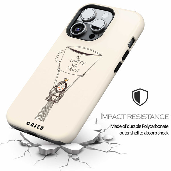 Phone case with a design of a woman holding a coffee cup and text 'In Coffee We Trust', brand 'CASEU' visible, with impact resistance feature highlighted.
