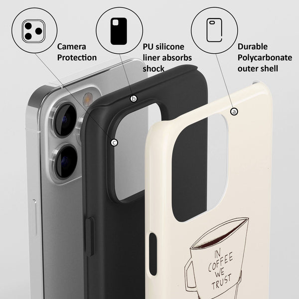 Phone case with features highlighted on a white background