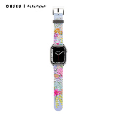 A multicolored floral Apple Watch band with a digital display showing the time.