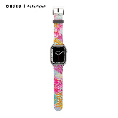 A floral-patterned Apple Watch band in a multicolor design, branded with 'CASEU | ALEX MASON'.