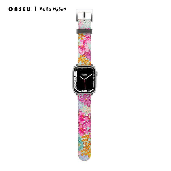 A floral-patterned Apple Watch band in a multicolor design, branded with 'CASEU | ALEX MASON'.