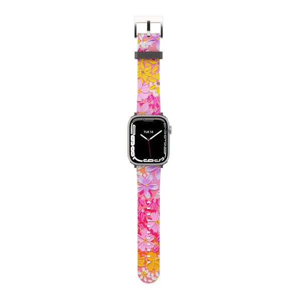 A floral-patterned Apple Watch band in pink, yellow, and green, with a metal buckle clasp.